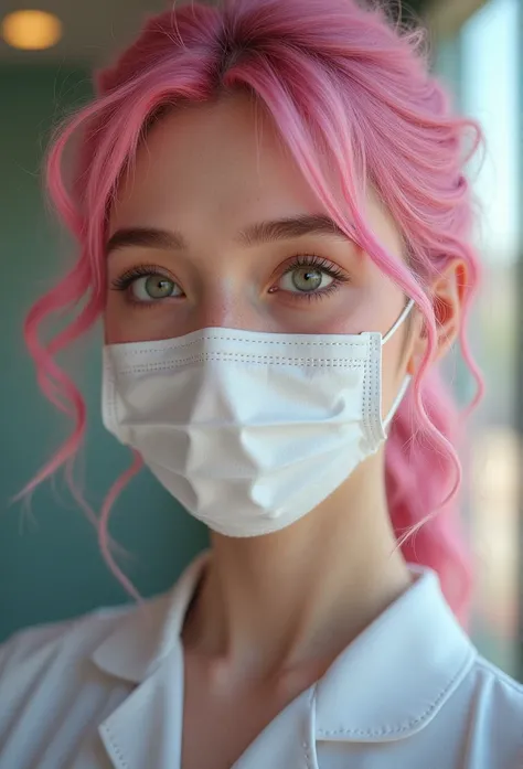 realistic photo of a pink-haired woman, beautiful detailed eyes, beautiful detailed lips, extremely detailed facial features, thin eyebrows, thin nose, wearing nurse uniform with mask, full body shot, natural lighting, high resolution, photo-realistic, cin...