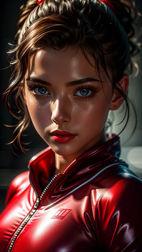 a wet gymnastsuit contest, soaked, wet red clothes, 1 women, Age 33, beautiful detailed eyes, beautiful detailed lips, extremely detailed eyes and face, long eyelashes, smile, photorealistic, hdr, ultra-detailed, hyper-realistic, 8k, masterpiece, elegant, ...