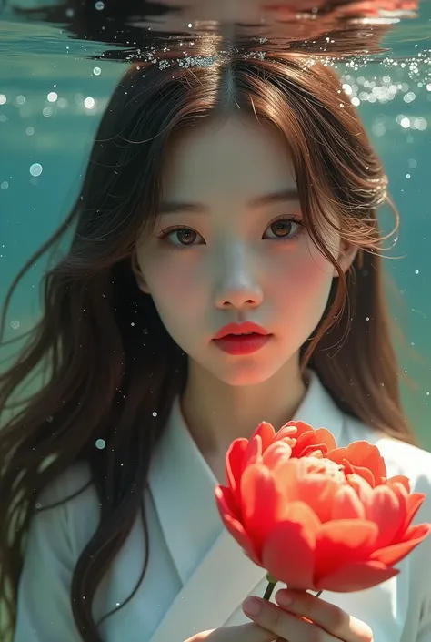 spell： face close-up，A Chinese girl with brown hair，Wear a white shirt，Potential Underwater ，Under the surface of the water， A Chinese girl with brown hair holding a big red peony in her hand .