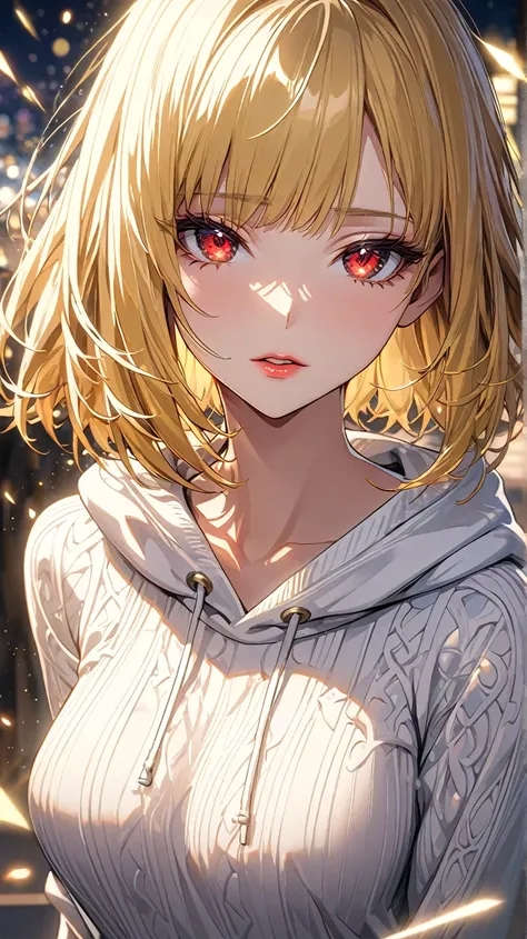   Anime 2d art  .  beautiful woman  , the back view goes away , white sweater without shoulders ,  red eyes ,  straight golden bob  , Мягкая кожа,sensual lips,on the back, Focus on the waist : (  masterpiece fails ),   high quality , highly   detailed face...