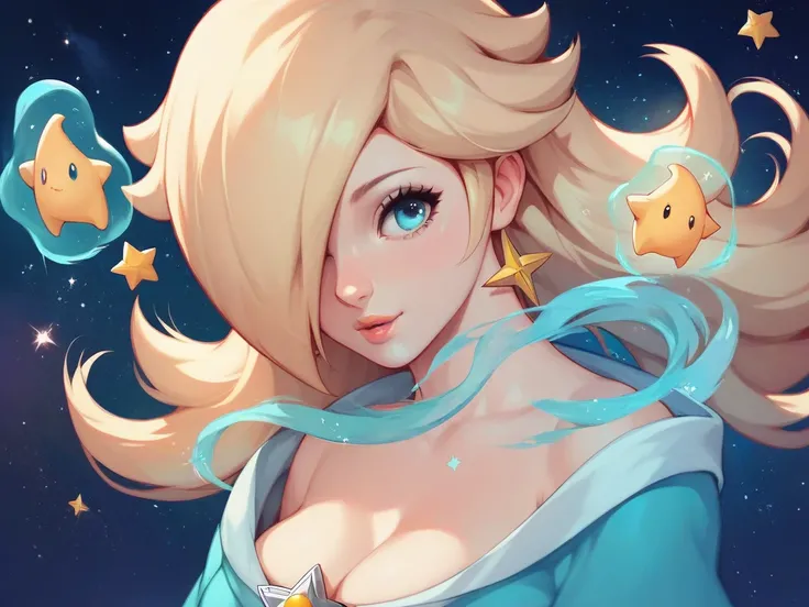 Anime, girl, rosalina, blonde, long hair, light blue eyes, in outer space, stars, magic, hair covering right eye, blue dress, cosmos