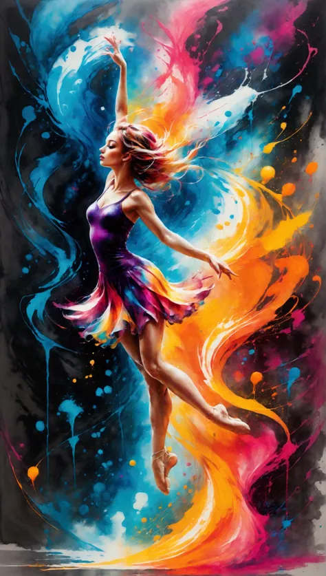 A mesmerizing, surreal ink splatter painting of a dancer suspended mid-air, gracefully captured in a moment of pure motion. The scene is enveloped in a swirling vortex of vibrant musical notes that flow like liquid, creating an ethereal atmosphere. The art...