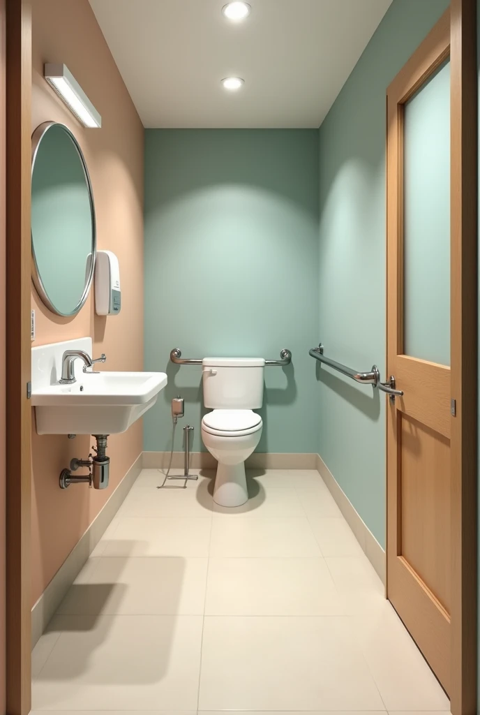  I want a bathroom for a physical therapy office with large dimensions for wheelchair access, walking sticks, walkers ,  in beige and light blue colors ,  and a sink ,  also soap dispensers a mirror at the height of a wheelchair and that extends to the cei...