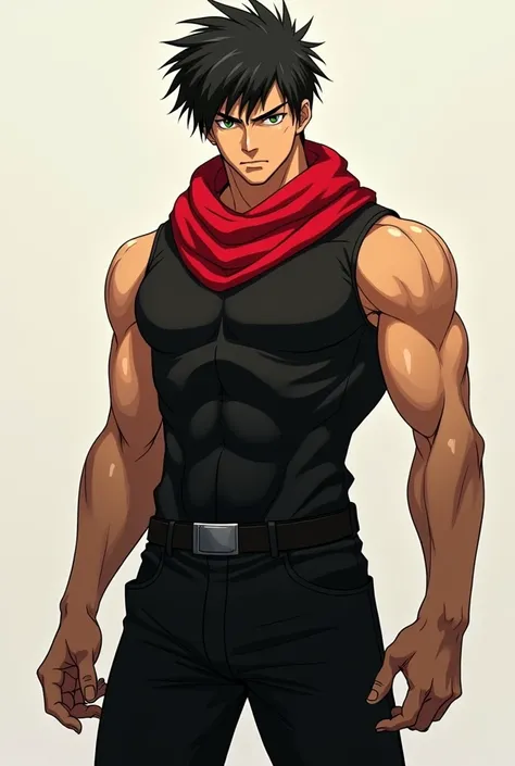 A tall anime guy, masculinely slim. He is wearing a black fitted pants and sleeveless black shirt and on his back. He has black hair and dark green eyes and is exuding a strong aura. he is wearing a red scarf around his neck. and he looks bored. His skin i...