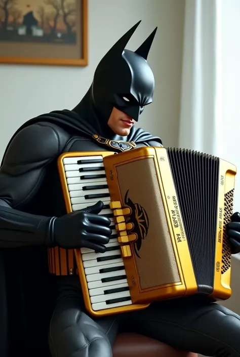 Batman playing 34-button accordion Italian gabannelli gold in a living room with white background 