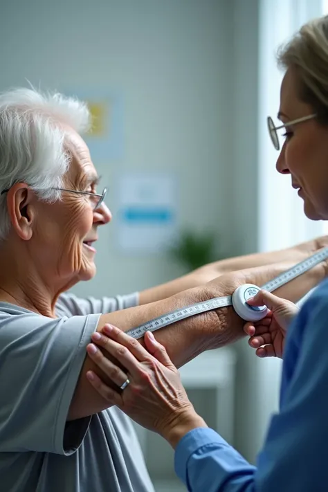 Create an image of a brachial circumference measurement in an older adult 