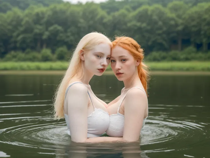 a detailed portrait of two albino beautiful pale skinned girls, (((very pale))) like Ajak Deng, beautiful detailed eyes, beautiful detailed lips, extremely detailed eyes and face, long eyelashes, young woman, swimming in lake, peaceful nature landscape, lu...