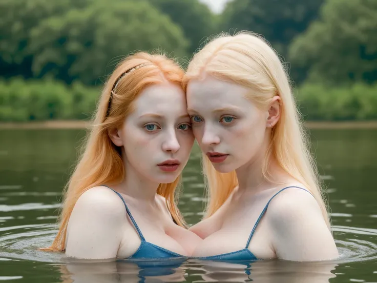 a detailed portrait of two albino beautiful pale skinned girls, (((very pale))) like Ajak Deng, beautiful detailed eyes, beautiful detailed lips, extremely detailed eyes and face, long eyelashes, young woman, swimming in lake, peaceful nature landscape, lu...