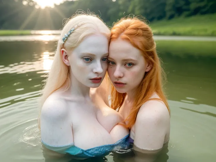 a detailed portrait of two albino beautiful pale skinned girls, (((very pale))) like Ajak Deng, beautiful detailed eyes, beautiful detailed lips, extremely detailed eyes and face, long eyelashes, young woman, swimming in lake, peaceful nature landscape, lu...