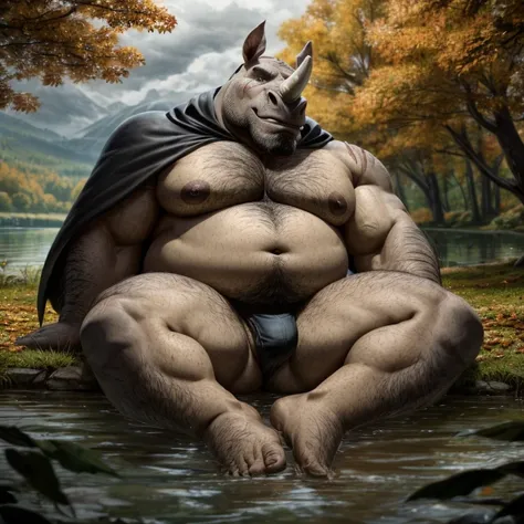 Big chubby, very fat, facial hair, lots of body hair, fat and saggy chest with a big moobs, anthropomorphic rhinoceros old daddy, wearing a black cape on his back and thin underwear while leaves a long sword stuck in the ground, with a cut scar on your eye...