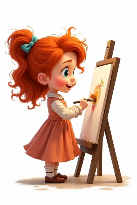  On a white background, style Sticker . Disney classic ,   a little redhead curly-haired cute cartoon girl preschooler stands near an easel with a brush.  Admires her drawing .   The easel is painted with the  серые сапожки 