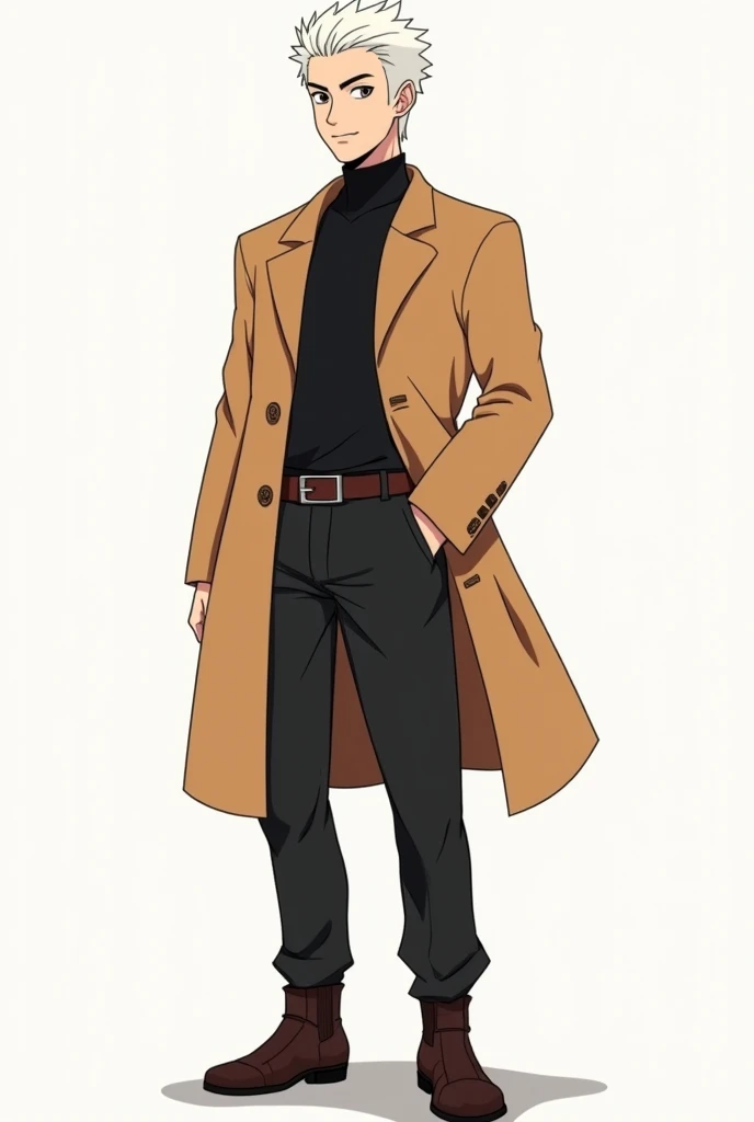 Create a two-dimensional illustration of a male FBI agent character,  he has white hair ,  amber-colored brown eyes ,  fair skin , Korean, a honey-colored overcoat ,  black high-neck shirt,  dark brown belt and boots and black pants .  With a subtle smile ...