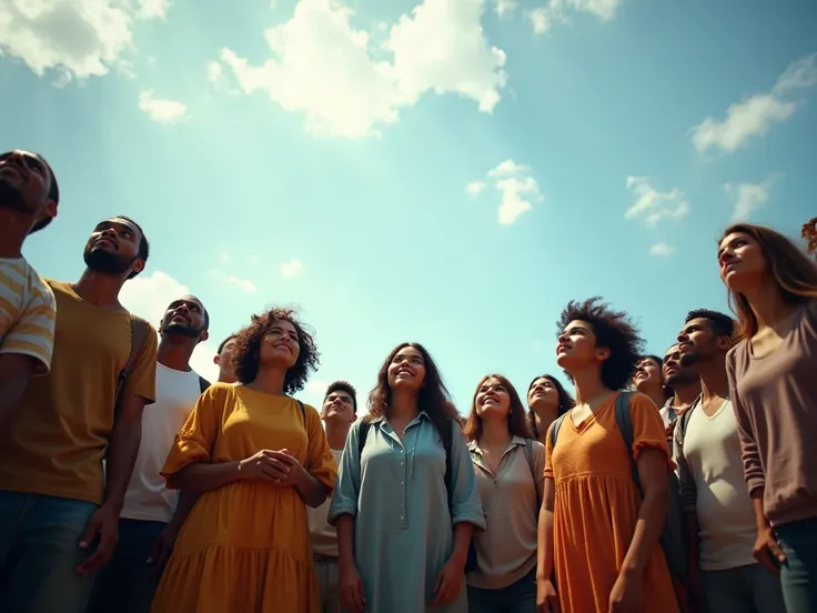  a multitude of different cultures, looking up to the sky . real image 