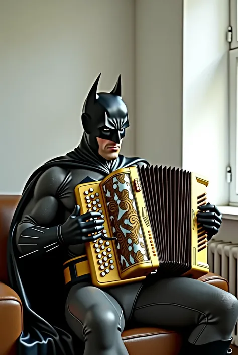 Batman playing 34-button accordion sonola gold in a living room with white background 