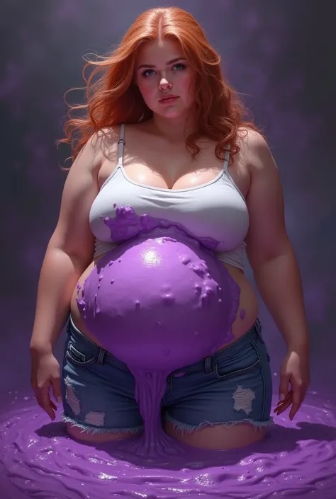 Full-body woman wearing jean shorts and a tank top with short straps, russet hair, Sardas is a bit overweight, she is forced to drink purple slime that she is trapped in until she gains 75 pounds the slime fills her tummy until she is fat 
