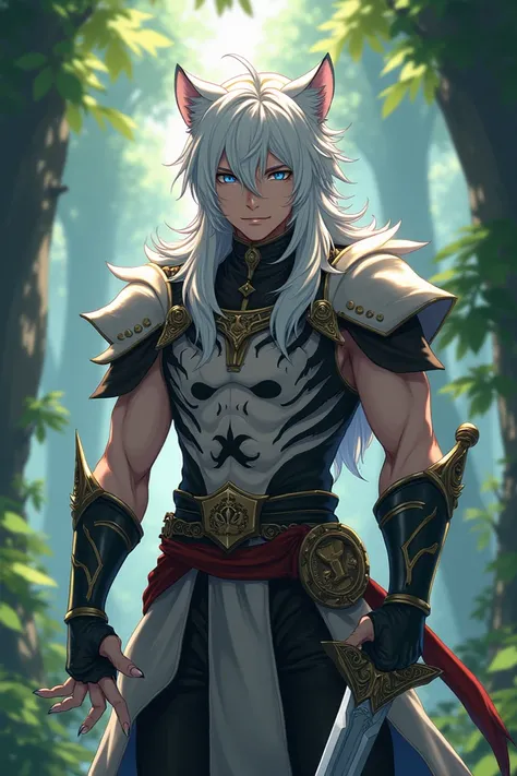 Personnage style animé fantaisie homme  jeune de 24ans avec des oreille de tigre blanc, sans oreille humaines cheveux longs ébouriffés blanc yeux bleue glacier musclé griffe moyenne acérée tenant une épée en fer avec une armure il est debout fonds forêts