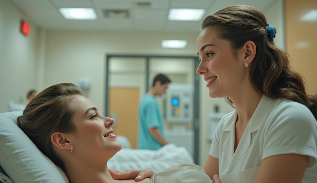 Serene hospital scene. A dedicated nurse in scrubs checks on a patient, offering a comforting smile. The camera captures the gentle interaction, then pans to show the calm, well-lit hospital ward. Other medical staff move quietly in the background. The sce...