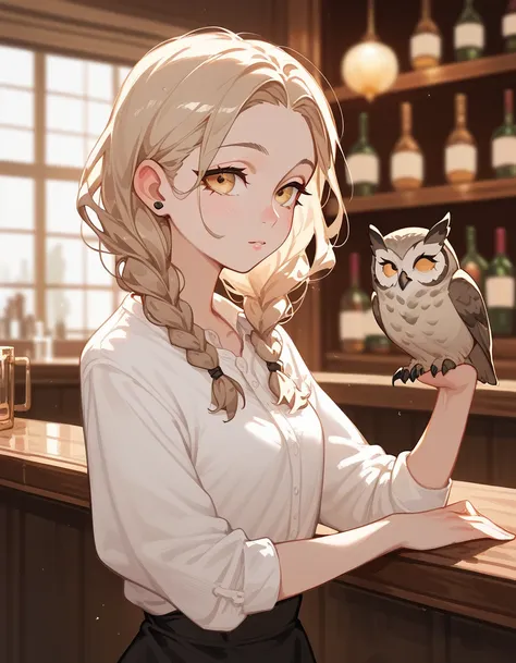 Owl Girl, White long-sleeved shirt,Short braids ,Light golden bronze hair,Bar Girl ,Owls ear