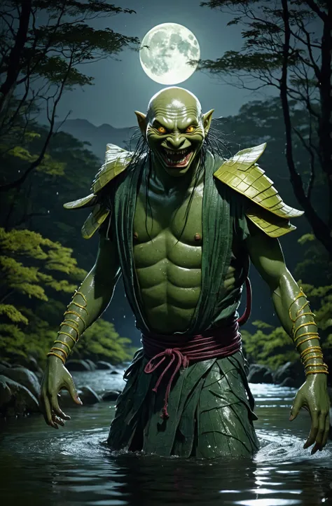 kappa, , humanoid creature, wet green skin, round bald spot on top of head, shining in the moonlight, sharp teeth, wide grin, webbed hands and feet, swimming in a river, glowing yellow eyes, realistic style, natural lighting, Japanese folklore, eerie moonl...