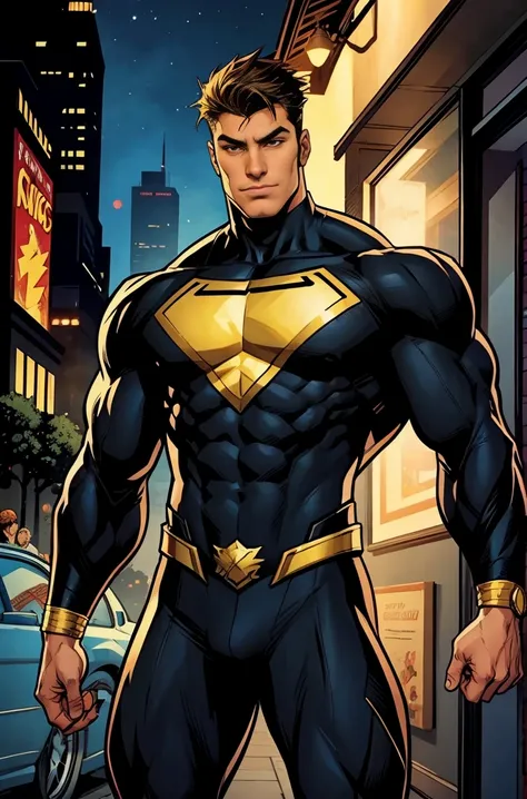 A comic of a hot guy, comic book, muscular body, black hero suit