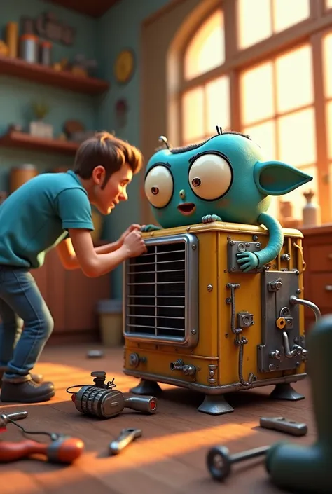  an image where an animated air conditioner is being fixed 