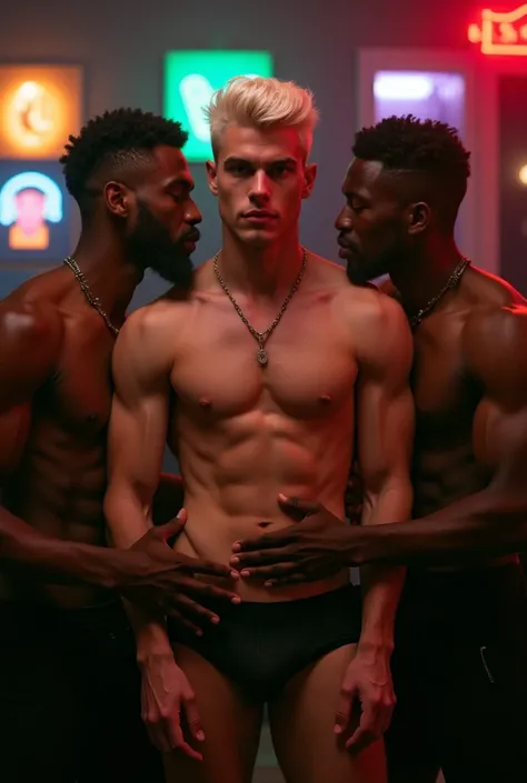 beautiful platinum blond 18 years old naked muscular male model, stands, old male black friends cuddle him, blond looks in front, front view, in gay bar, nude,  legs open, tight ass