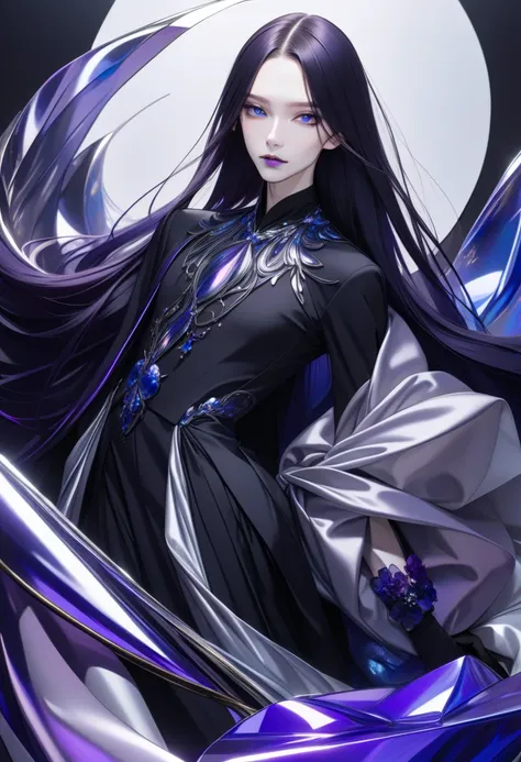 Boy, soft womanish facial features, smile, fox dark blue eye, dark purple long loose hair with straight bang, black clothes with blue and purple elements, long black gloves, model, gorgeous, elegant, lots of metallic silver jewelry, skinny body, light lips...