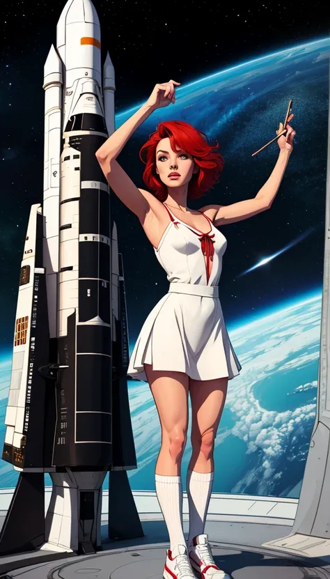 Alice Selezneva from the movie "guest from the future", white it sits on a technological container next to the landing sites of space shuttles in a short red sundress with white trim, arms and shoulders are open, in white knee socks, in white sneakers, sho...