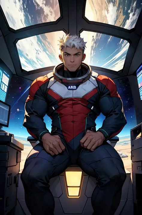 a muscular hot male sitting in q window of a spaceship, big window, space background, sided male view 