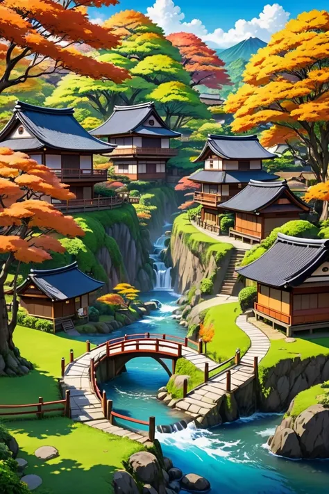  A village hidden in Narutos village, autumn beautiful village ,  greenery and trees everywhere ,  Japanese style, anime, cartoon,  realistic, spring 