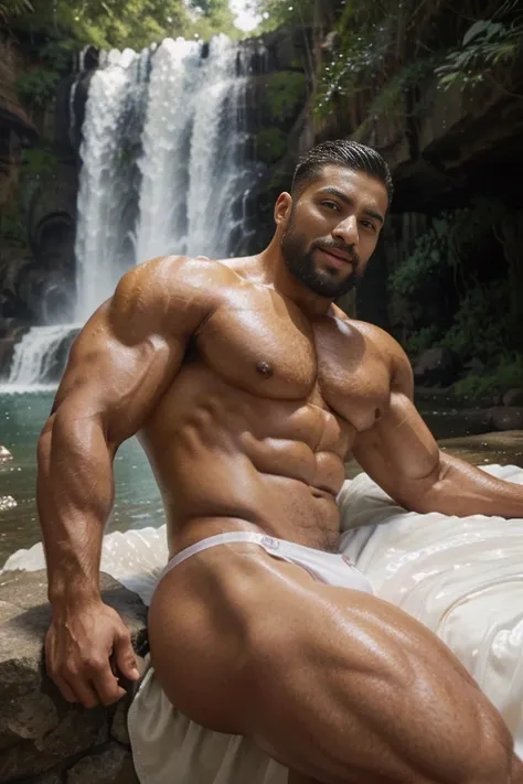 man， Latino ， Bronzed complexion ，  super exaggerated strong muscles in the waterfall     ，   slim white translucent briefs，Short hair，beard ，     lying on the side of the bed    ，  excited expressions    ，Nature，In a waterfall