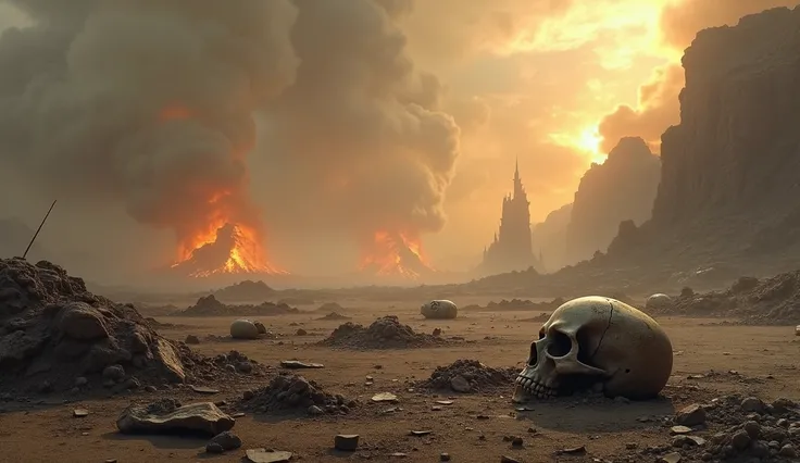  HIGH QUALITY, 8K ultra HD, Warhammer 40000 landscape destroyed without life with skull remains on the ground and with a storm of ash and fire