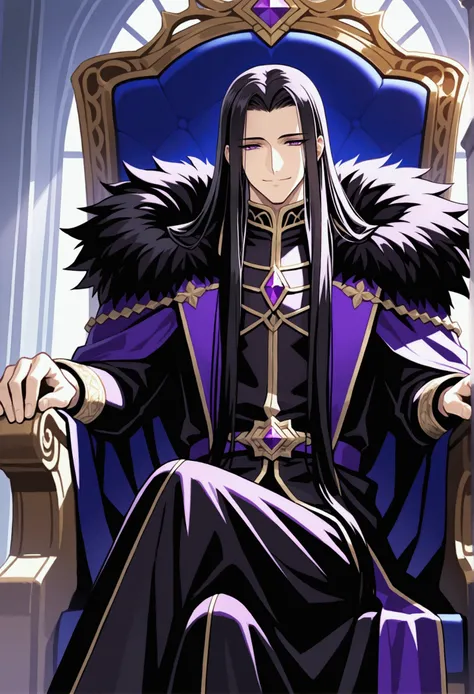 1boy, black hair, very long and straight hair, purple eyes, cold eyes, charismatic smile, CG, male, sitting on a large throne of authority and power, charismatic attitude, calm and powerful