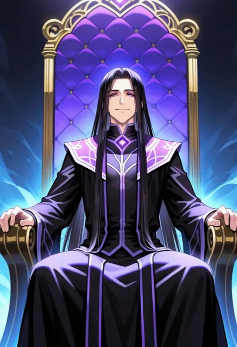 1boy, black hair, very long and straight hair, purple eyes, cold eyes, charismatic smile, CG, male, sitting on a large throne of authority and power, charismatic attitude, calm and powerful