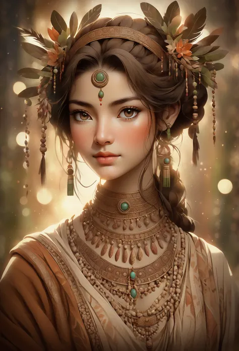 (masterpiece, best quality:1.2), Artistic ornaments，Woman ，Kind face, Painted in earthy tones，color，With subtle patterns and textures，Invoking Ancient Wisdom. Focus on the face，With depth of field and bokeh effects. This is a high resolution image，Complex ...