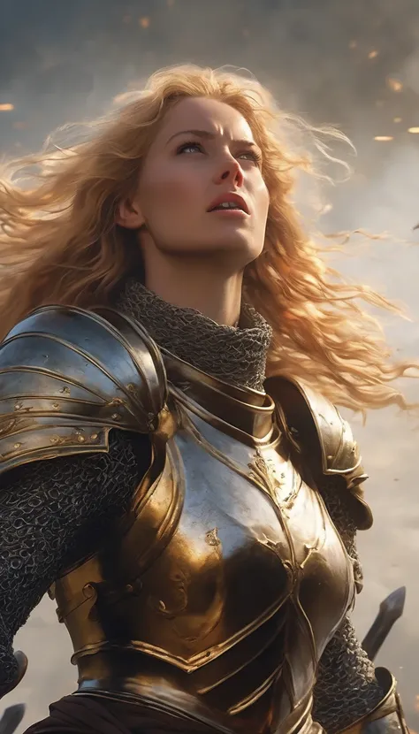 NSFW, 8k, best quality, highres, realistic, real person, A dynamic scene of a fierce and muscular female knight with golden hair, wearing light armor that reveals her muscular abdomen and arms, caught in the action of swinging her massive sword and shoutin...