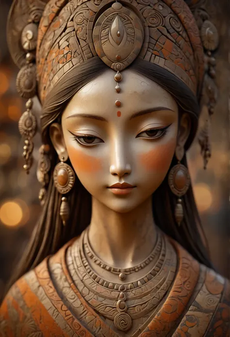 (masterpiece, best quality:1.2), Artistic ornaments，Woman ，Kind face, Painted in earthy tones，color，With subtle patterns and textures，Invoking Ancient Wisdom. Focus on the face，With depth of field and bokeh effects. This is a high resolution image，Complex ...