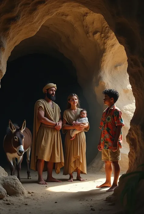 Create an image with this scene :  in a cave a couple from the year 3 after Christ appears with a baby.  There are also with them a mule and a 20-year-old boy who looks current, with Bermuda shorts,  long, well-groomed beard , and Hawaiian shirt .