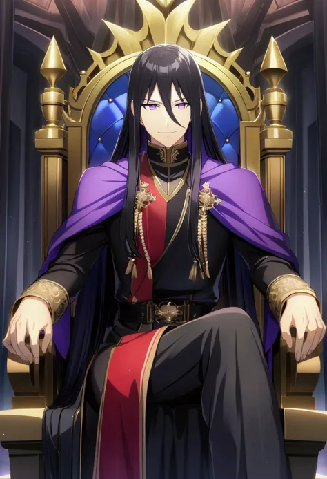 1boy, black hair, very long and straight hair, purple eyes, cold eyes, charismatic smile, CG, male, sitting on a large throne of authority and power, charismatic attitude, calm and powerful