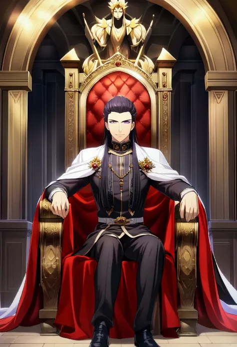 1boy, black hair, very long and straight hair, purple eyes, cold eyes, charismatic smile, CG, male, sitting on a large throne of authority and power, charismatic attitude, calm and powerful