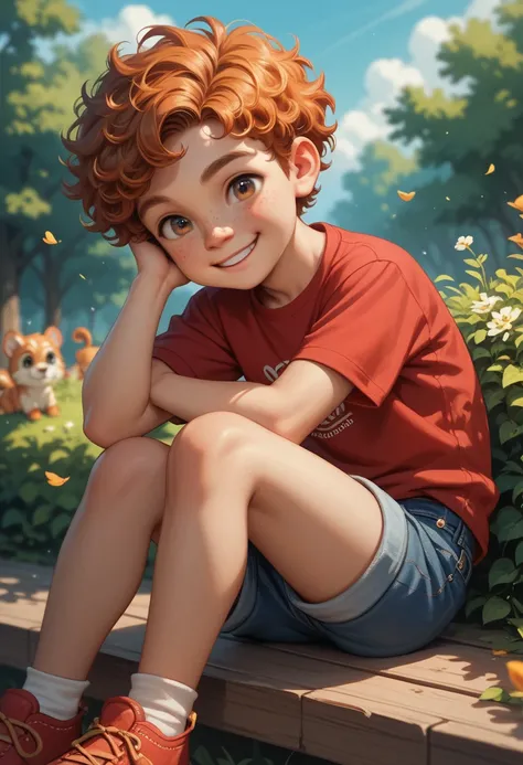 little 4-yr old Thai boy, young, cute, little, short, thin, Age Regression, Shotacon, Shota, curly ginger hair, hazel eyes, Freckles on the face, smile, red shirt, Jeans shorts, sitting pose, outdoor zoo background