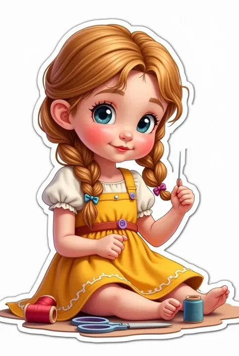  Style Sticker ,  on white background,  Disney style classic .  Little bright girl preschooler baby cutie Vasilisa  в моленьком кокошнике with long beautifully braided braids on her shoulders. sits and sews a sundress . In the hands of a needle ,  next to ...