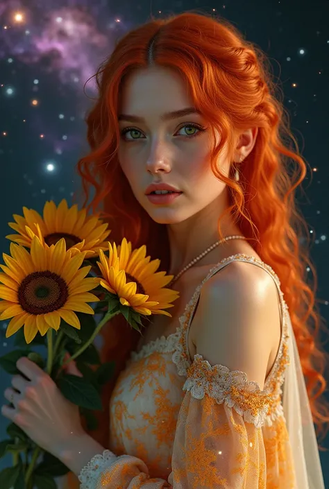 Create an extremely beautiful redheaded hyperrealistic cosmic gypsy woman wearing a radiant and shiny white orange dress with glitter holding a sunflower bouquet