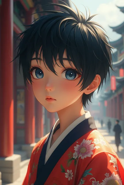 1990年代 anime style , retro artスタイル,One teenage boy,  Chinese style costume, kimono, middle ages ,  Long Sleeve , blabluek eye, Long black hair character design, perfect eye, Perfect face,expressive eye, perfect balance,  viewers of the pin,(Focus on her 顔)...