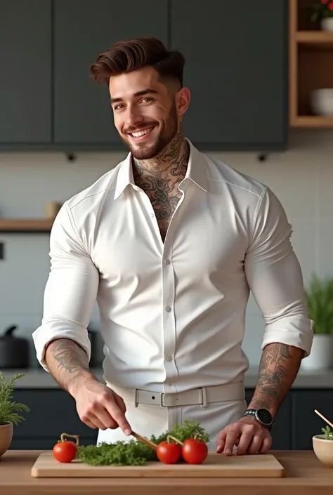 A handsome man . attractive, young and tall athletic. Tattoo on the neck and hands, white long-sleeve shirt. cooking. Shy smile 