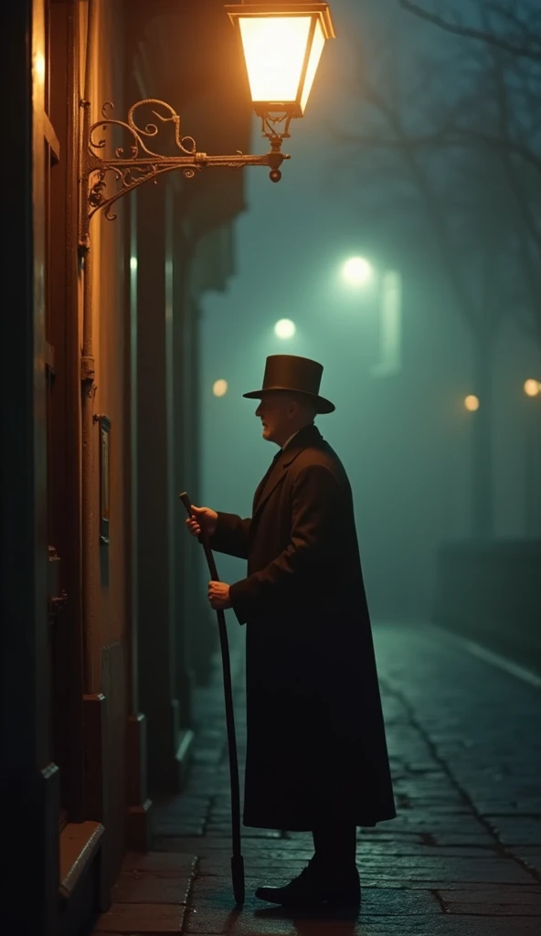 A "knocker-upper" standing under a dimly lit Victorian streetlamp, holding a long stick to tap on a window, early 20th-century attire, cobblestone street, and fog in the background, close-up, hyper-realistic, photo realism, cinematography, ar 9:16