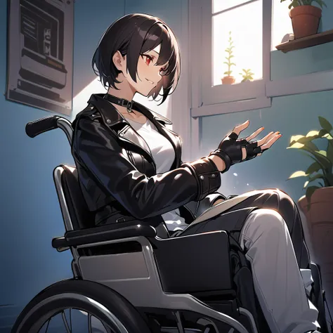 1 female, solo, bust, eye contact, smiling, short hair, ((sitting in wheelchair)), shirt, dark hair, red eyes, gloves, sitting, collar bone, jacket, full length, white shirt, parted lips, open clothing, shoes, black gloves, socks, pants, fingerless gloves,...