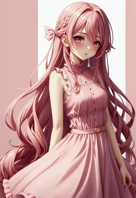 Girls in their 20s　Thin Pink Long Hair 　Wide Eyes　Brown Eye Color　 Sleeveless Pink Dress　anime　 Watercolor Style 

