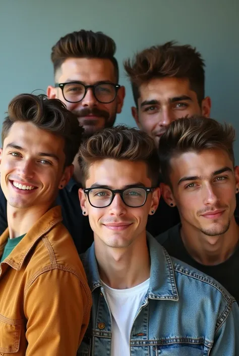 Generate human group pic of males of 22 age having decent hair