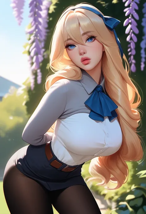 score_9, score_8_up, score_7_up, looking at viewer,  BREAK
GreyShirt_CeliaCumaniAintree_ownwaifu, 
1girl, blonde hair, blue eyes, large breasts, drill hair, long hair, hairband, hair between eyes, lips, eyes visible through hair, bangs, lipstick, pink lips...